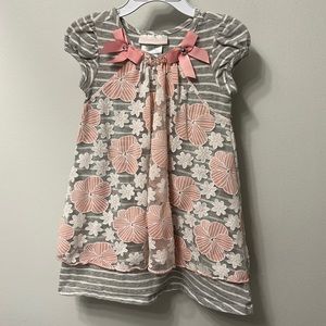 Sweet top/dress. Gray stripe with pink flower overlay. Think Valentine’s Day!